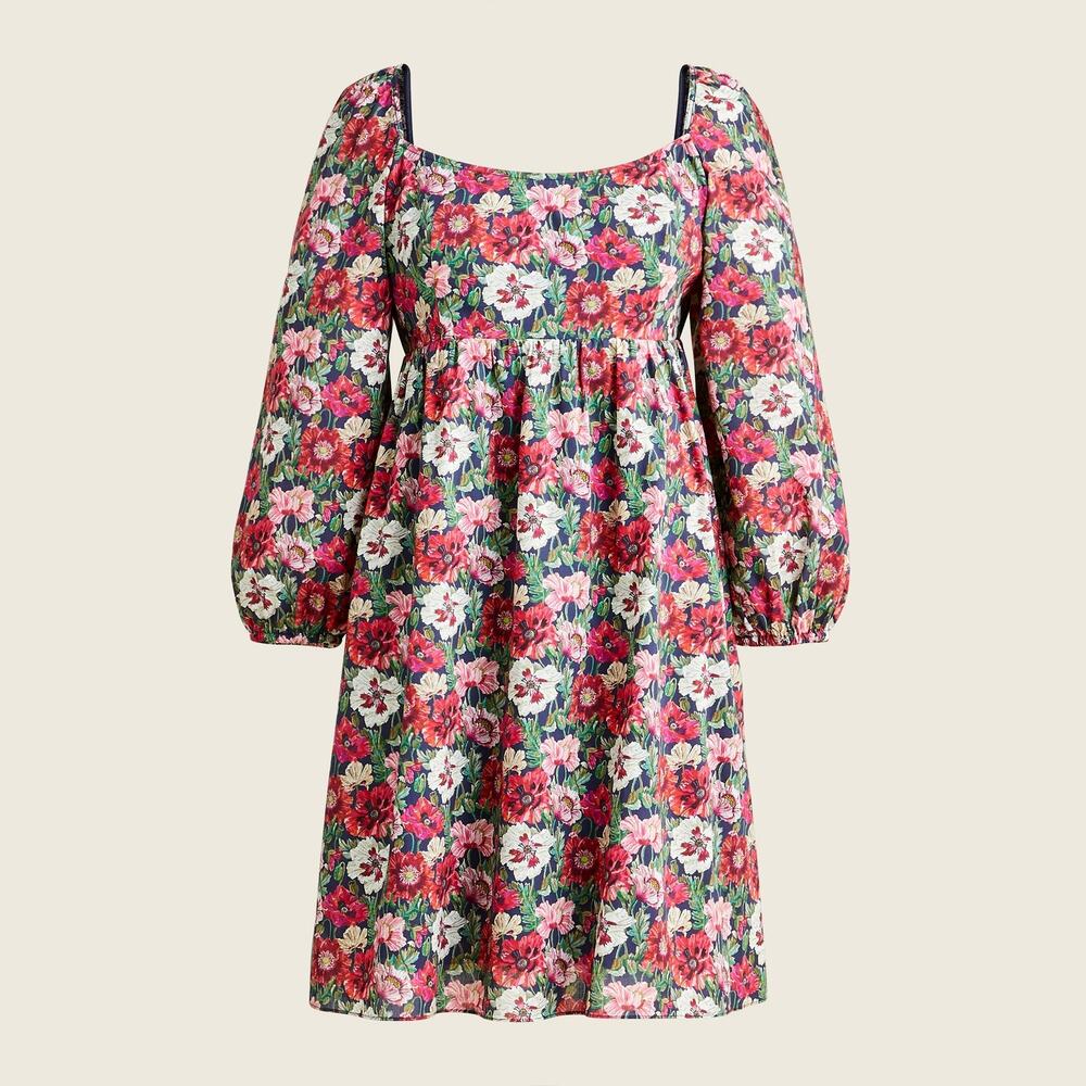 J.Crew Poppy Amelie Mini Dress Red Floral Smocked Back Zip Puff Long Sleeve Sz 6